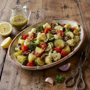 Mediterranean vegetable salad with potatoes, broccoli, zucchini and tomatoes