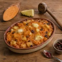 Pineapple sweet potatoes with raisins and strawberry fruit glaze