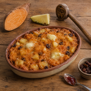 Pineapple sweet potatoes with raisins and strawberry fruit glaze