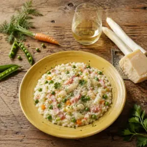 Summer vegetable risotto with peas, carrots, asparagus, ham, Parmesan and fresh parsley