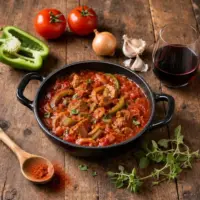 Vegetable mycoprotein goulash with tomatoes, green peppers, paprika and fresh parsley