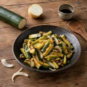 Zucchini onion stir-fry with tender-crisp vegetables and savory sauce