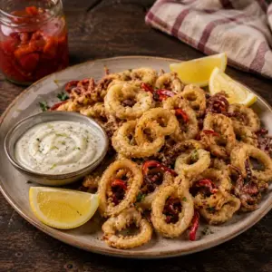 Crispy air-fried chile-brined calamari with pickled peppers, lemon wedges and creamy rosemary garlic mayo on a dark rustic wooden table.