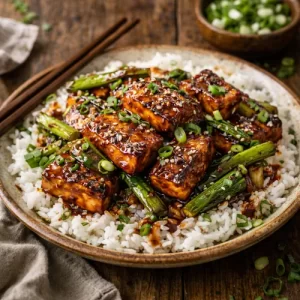 Air Fried Chinese BBQ-Style Tofu and Scallions op rustieke houten tafel