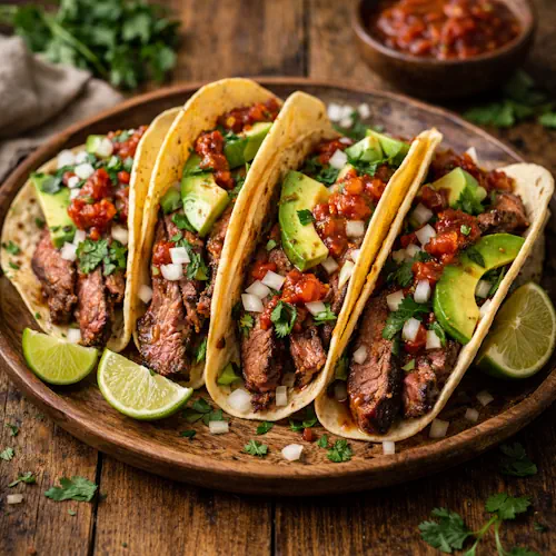 carne asada tacos with sliced steak, avocado, onion and cilantro in corn tortillas
