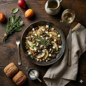 crispy quinoa salad with mushrooms pear and herbs on a rustic wooden table