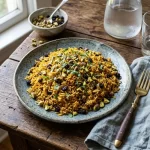 air fryer crispy rice golden crunchy rice on a rustic wooden table