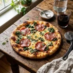 air fryer pizza crispy personal pizza on a rustic wooden table