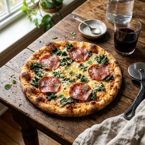 air fryer pizza crispy personal pizza on a rustic wooden table