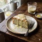 air fryer lemon cake with poppy seeds on a rustic wooden table