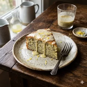 air fryer lemon cake with poppy seeds on a rustic wooden table