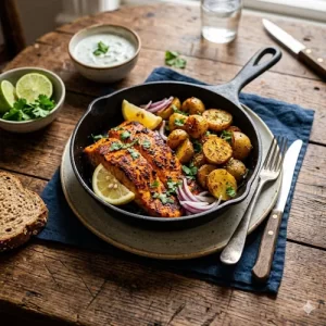 Air Fried Tandoori Salmon with Potatoes op rustieke houten tafel