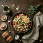 Air Fried Toasted Couscous and Lemon Salad with Cucumbers and Feta on rustic wooden table
