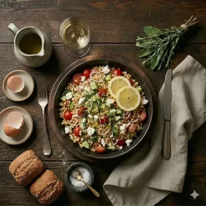 Air Fried Toasted Couscous and Lemon Salad with Cucumbers and Feta on rustic wooden table
