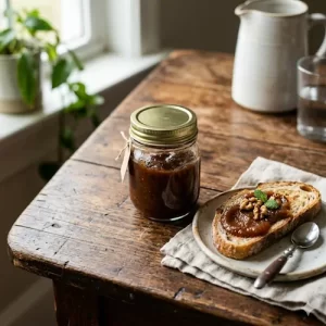 air fryer apple butter smooth spread on a rustic wooden table
