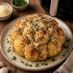 Caesar whole cauliflower served on a rustic wooden table with golden roasted florets and fresh parsley