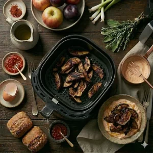 air fryer eggplant with harissa yogurt on a rustic wooden table