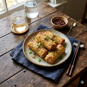 Air Fryer egg rolls crispy golden rolls on a rustic wooden table