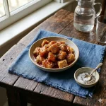 air fryer pork crispy chunks with sauce on a rustic wooden table
