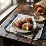 Air Fryer beignets with cinnamon sugar on a rustic wooden table
