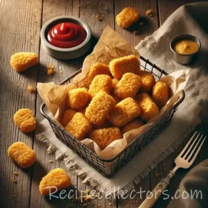 Air Fryer Crispy Frozen Chicken Nuggets on rustic wooden table