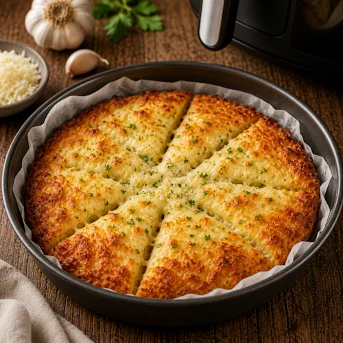 garlic cheese bread served on a rustic wooden table with melted mozzarella and crispy golden edges