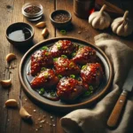 Air Fryer Garlicky Soy-Glazed Chicken Thighs on rustic wooden table