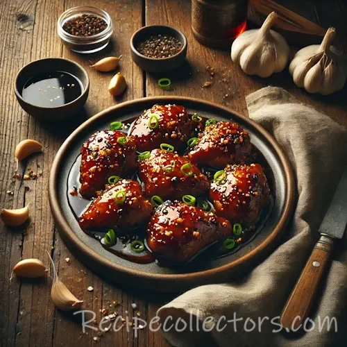 Air Fryer Garlicky Soy-Glazed Chicken Thighs on rustic wooden table