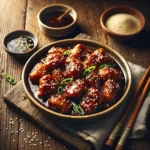 Air Fryer Sesame Chicken with Chinese-Inspired Sauce on rustic wooden table