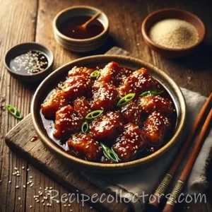Air Fryer Sesame Chicken with Chinese-Inspired Sauce on rustic wooden table