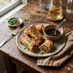 air fryer vegetable egg rolls crispy golden rolls on a rustic wooden table