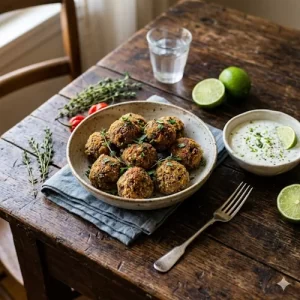 jamaican beef meatballs with lime yogurt sauce on a rustic wooden table