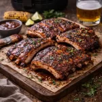 Air-fried memphis-style BBQ pork ribs on rustic wooden table