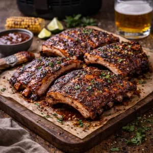 Air-fried memphis-style BBQ pork ribs on rustic wooden table