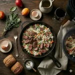 beef fried rice from the air fryer on a rustic wooden table