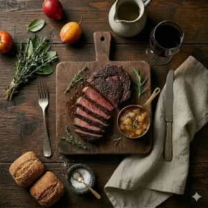 chile rubbed rib eye steak sliced on a rustic wooden table