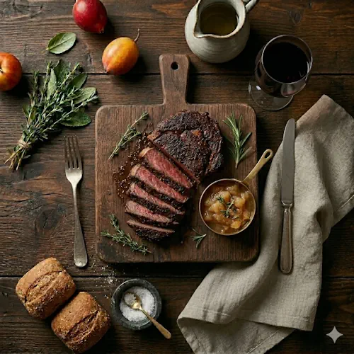 chile rubbed rib eye steak sliced on a rustic wooden table