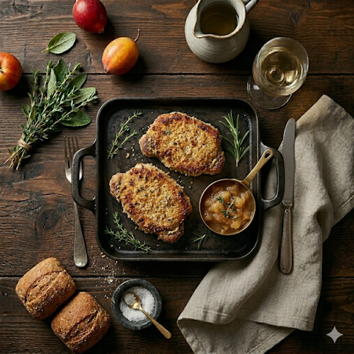 cider brined pork chops with crispy crust on a rustic wooden table
