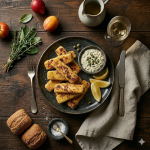 Krokante trout fingers op een robuuste houten serveerplank met tartaarsaus en citroenpartjes, op een rustieke houten tafel.