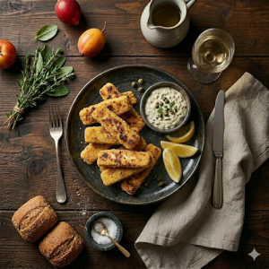Krokante trout fingers op een robuuste houten serveerplank met tartaarsaus en citroenpartjes, op een rustieke houten tafel.