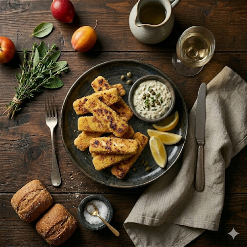 Krokante trout fingers op een robuuste houten serveerplank met tartaarsaus en citroenpartjes, op een rustieke houten tafel.