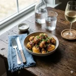 air fryer General Tso cauliflower crispy bites on a rustic wooden table