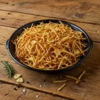 Crispy shoestring fries with rosemary, garlic and sea salt in a black bowl on a rustic wooden table.