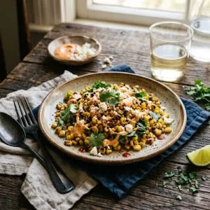 elote corn salad air fryer with spicy mayo on a rustic wooden table