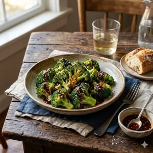 garlic broccoli air fryer with asian sauce on a rustic wooden table