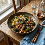 general tso broccoli rice air fryer with spicy sauce on a rustic wooden table