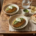 hasselback potatoes air fryer with chive pesto on a rustic wooden table