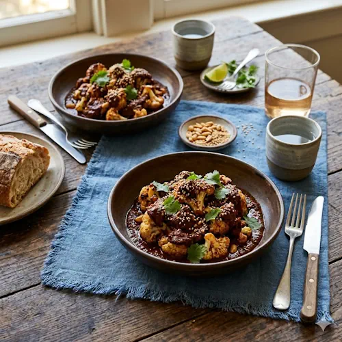 Air Fried Mole-Braised Cauliflower on a rustic wooden table
