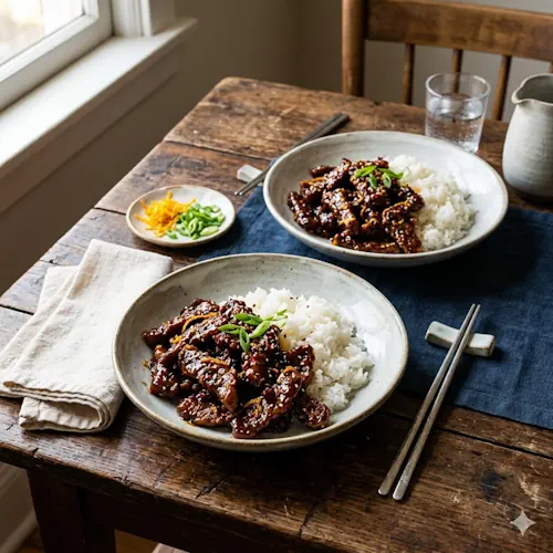 orange glazed beef air fryer with rice on a rustic wooden table