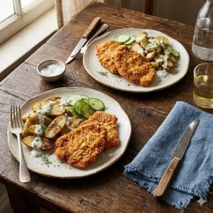 pork schnitzel air fryer with potato and cucumber salad on a rustic wooden table